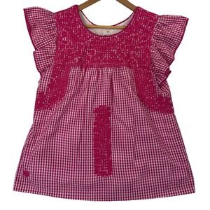 J. Marie Pink Gingham Check Embroidered Ruffle Flutter Sleeve Blouse Top Sz L